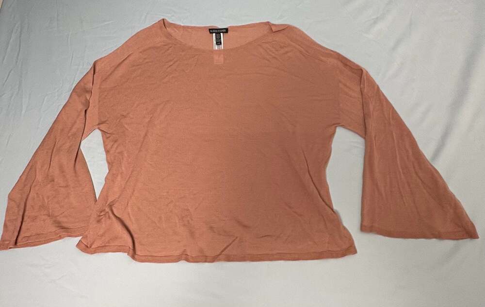 Eileen Fisher Seamless Tencel Knit Bateau Neck Bell-Sleeve Top Peach Pink L